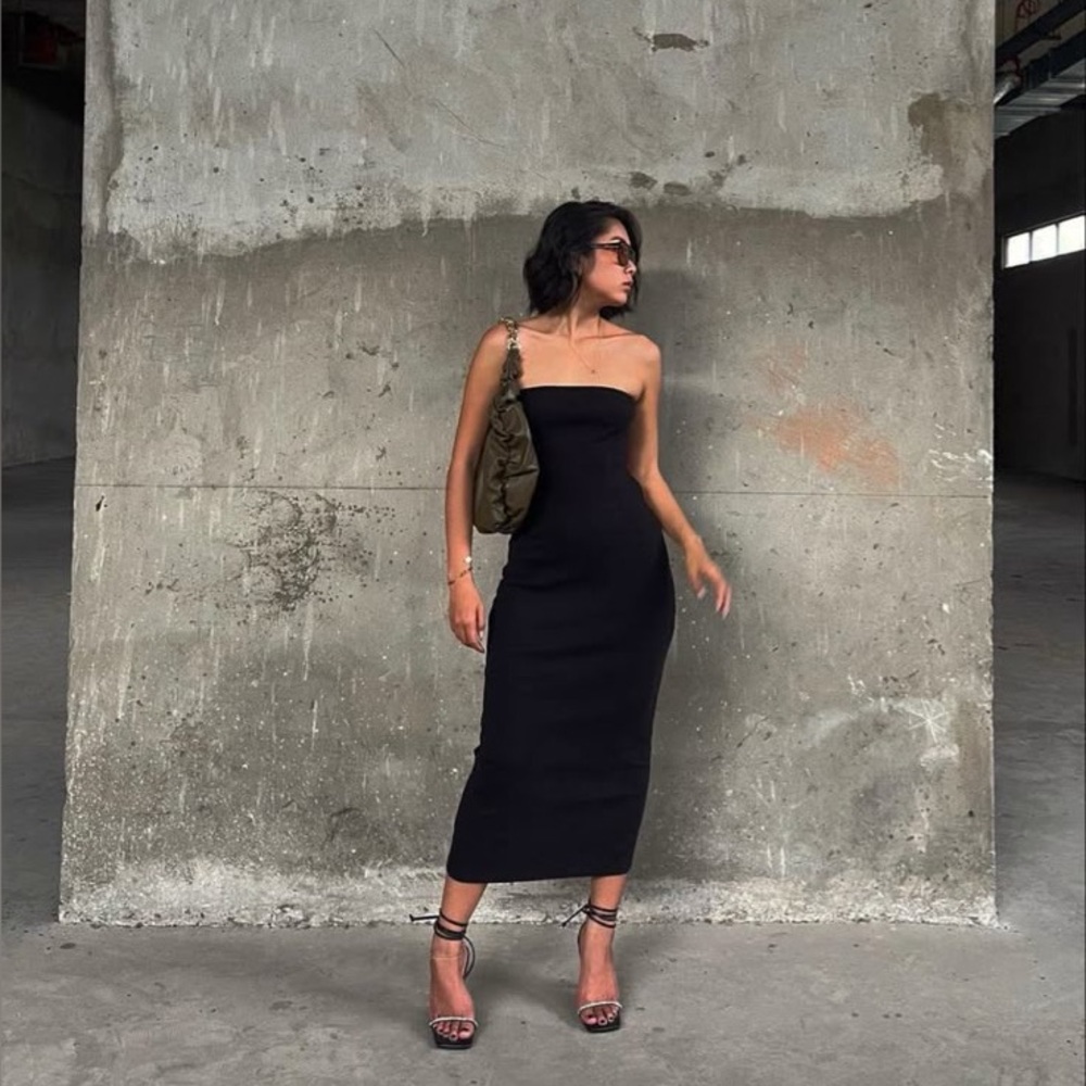 Zara Black Denim Stretch Strapless Midi Tube Dress